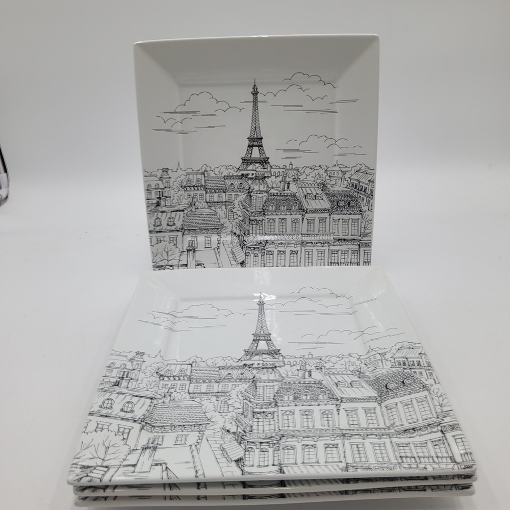 Set of 4 222 Fifth City Scenes Paris Square Dinner Plates Black White Fine China